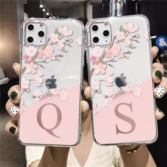 Funda personalizada para iPhone de TPU suave con alfabeto STUVWX de flor de cerezo