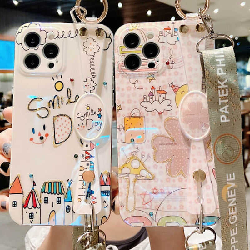 Cartoon Floral Glitter Bling Wristband Lanyard iPhone Case