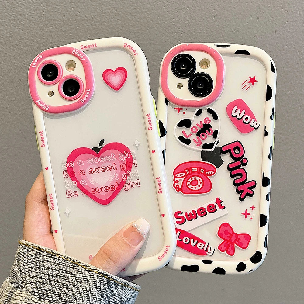 Lindo corazón amor a prueba de golpes parachoques vaca divertida letra suave silicona transparente compatible con iPhone Case