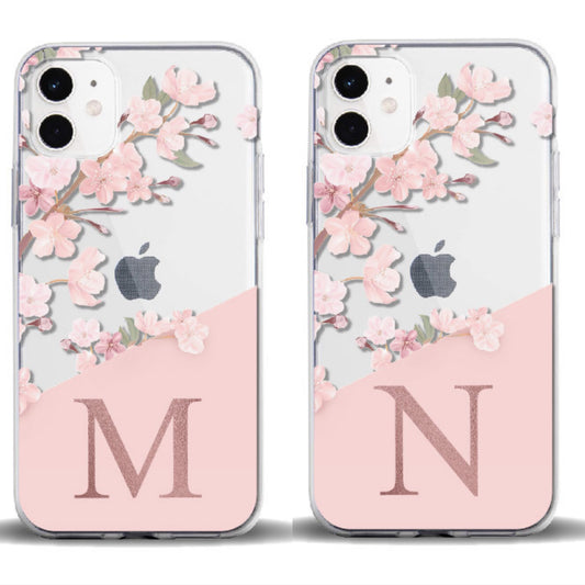 Coque iPhone en TPU souple avec alphabet MNOPQR Fleur de cerisier personnalisée