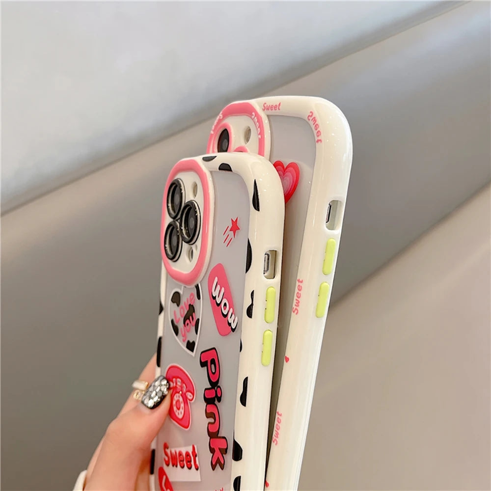 Mignon coeur amour antichoc pare-chocs vache drôle lettre en silicone souple transparent compatible avec la coque iPhone