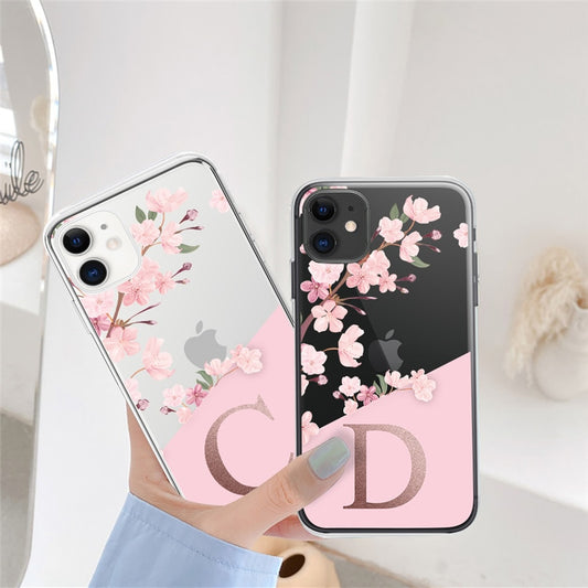 Coque iPhone en TPU souple Alphabet ABCDEF fleur de cerisier personnalisée 