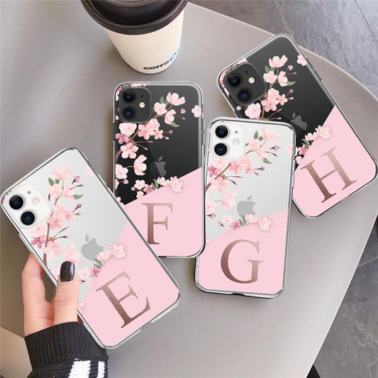 Coque iPhone en TPU souple Alphabet GHIJKL fleur de cerisier personnalisée