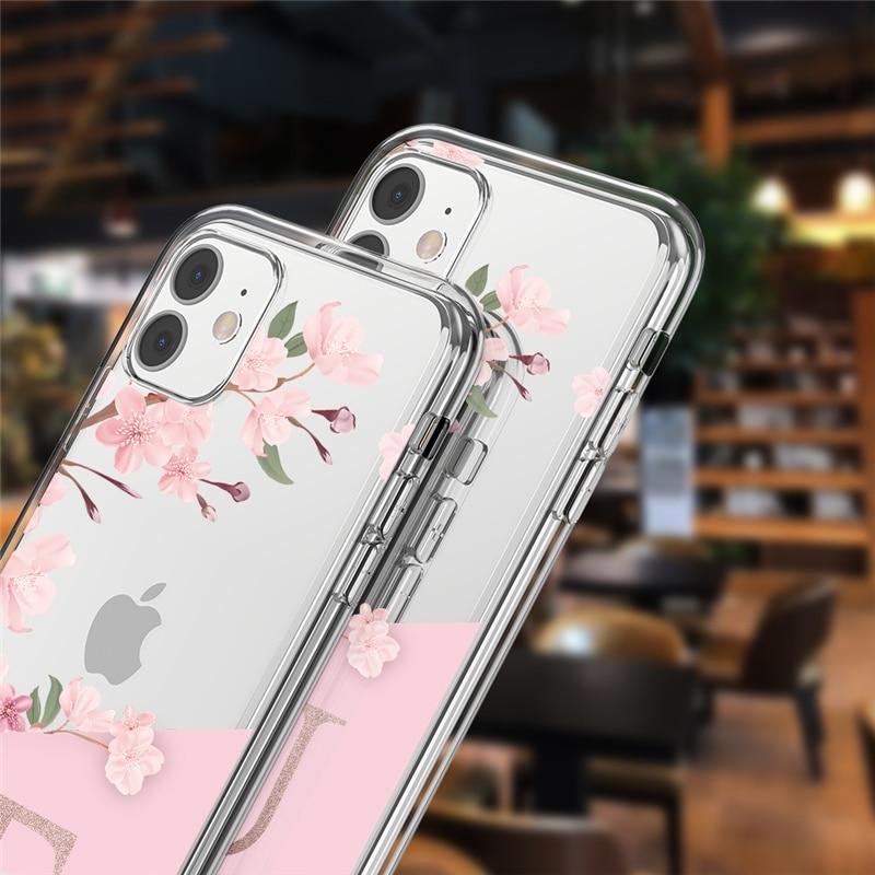 Coque iPhone en TPU souple avec alphabet MNOPQR Fleur de cerisier personnalisée