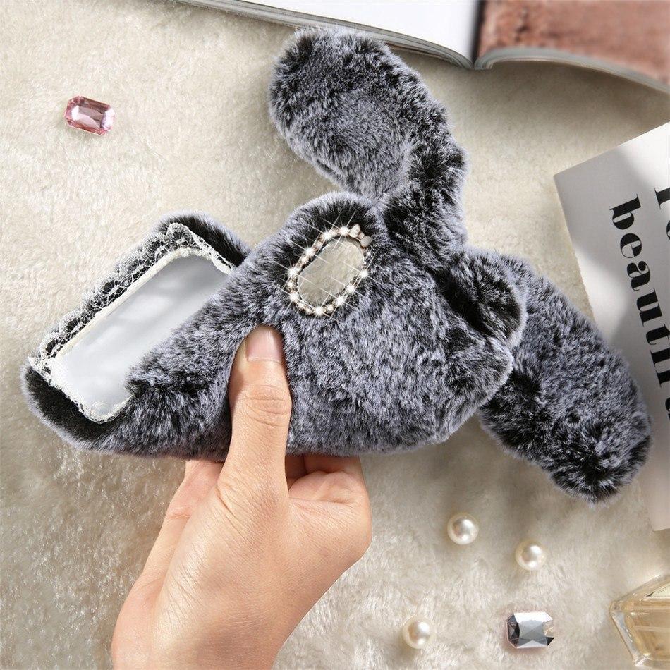 Diamond Lens Protective Case Rabbit Hair Fluffy Fur Plush iPhone Case