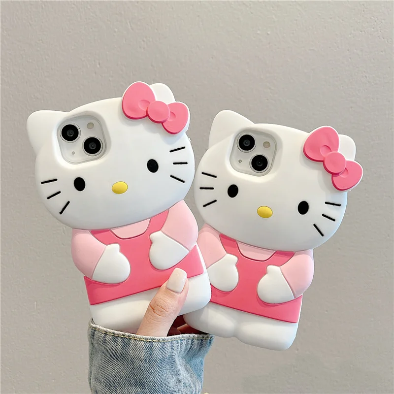 Kitty Cartoon Cat Silicone Bow Pink Soft Cover Case For iPhone 17 16 15 14 13 12 11 Pro Plus Max Xs XR 6 7 8 SE