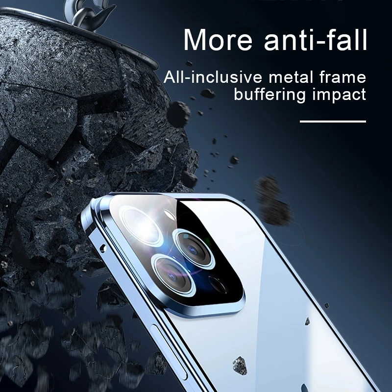 360 ° Full Protection Metal Magnetic Double-Sided Glass Snap Lock Phone Case For iPhone 16 Pro Max 14 11 12 13 15 Pro Max Cover