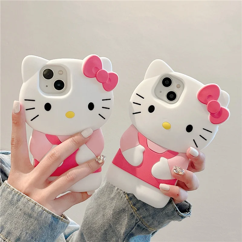 Kitty Cartoon Cat Silicone Bow Pink Soft Cover Case For iPhone 17 16 15 14 13 12 11 Pro Plus Max Xs XR 6 7 8 SE