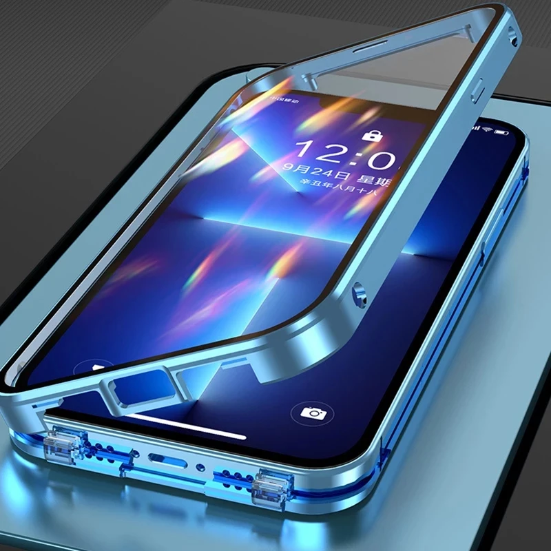 360 ° Full Protection Metal Magnetic Double-Sided Glass Snap Lock Phone Case For iPhone 16 Pro Max 14 11 12 13 15 Pro Max Cover