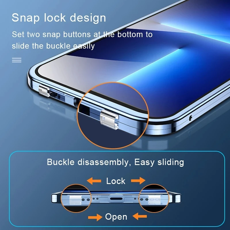 360 ° Full Protection Metal Magnetic Double-Sided Glass Snap Lock Phone Case For iPhone 16 Pro Max 14 11 12 13 15 Pro Max Cover
