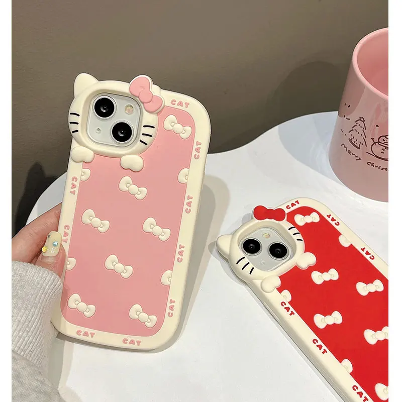 S0110322618dd4ada9fdc7bde4f4604f9T.webp Lovely Cute Kitty Cartoon Cat 3D Bow KT Head Phone Case For iPhone 16 15 14 13 12 11 Pro Max Cartoon Y2K Pink Kawaii Silicone Cover