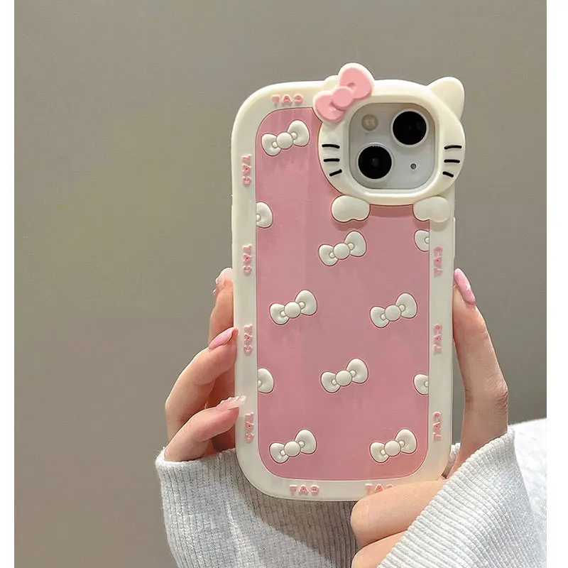 S018619a7d911495e89d46b2390abd490a-1.webp Lovely Cute Kitty Cartoon Cat 3D Bow KT Head Phone Case For iPhone 16 15 14 13 12 11 Pro Max Cartoon Y2K Pink Kawaii Silicone Cover