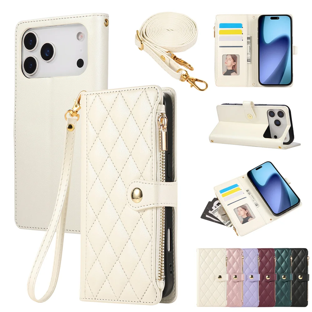 S037d0ba7fce5413fb17feea0d12364ae8.webp PU Leather Card Holder Wallet Phone Case with Crossbody & Wrist Strap for iPhone 16E 17 Ari 16 15 14 13 12 11 Pro Max XS 8 Plus