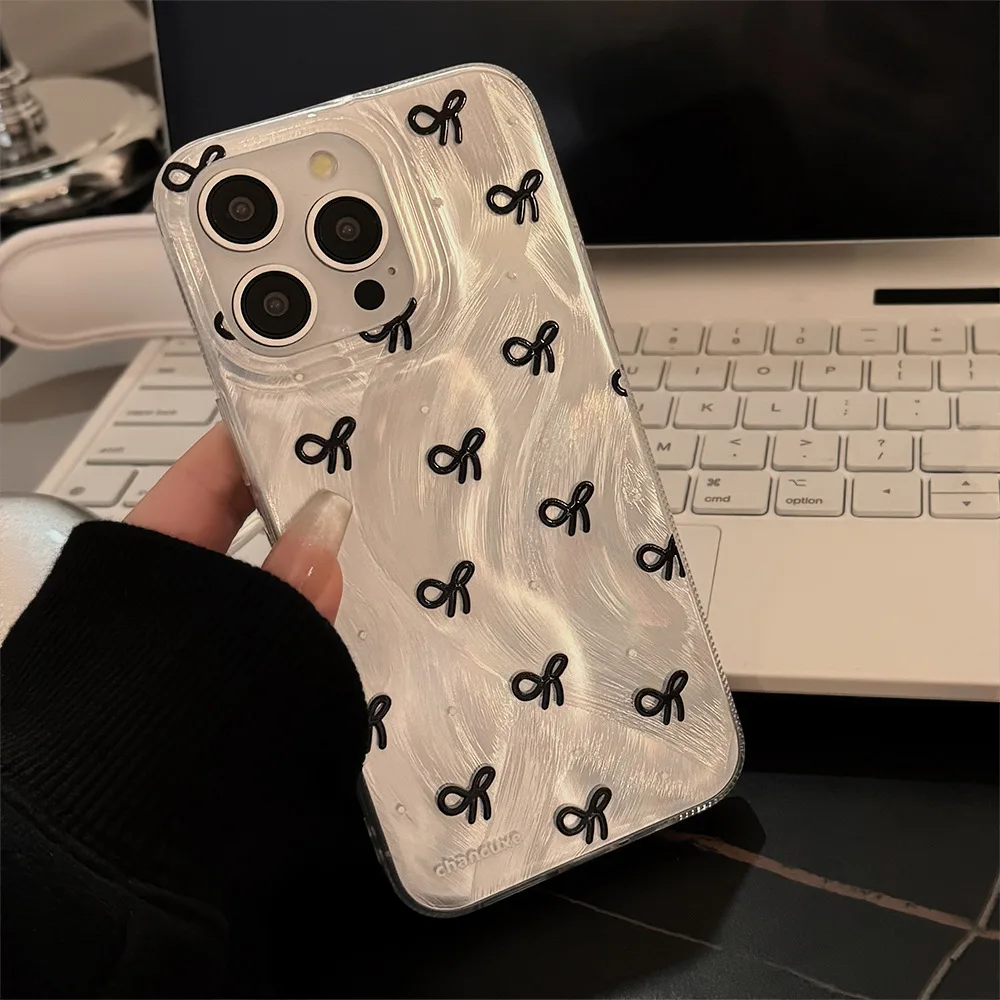 Luxury Laser Silver Bow knot Case for iPhone 17 Air 16 15 14 13 12 11 Pro Max Plus 16E 7 8 SE2 X XS XR Shockproof Bumper Fundas