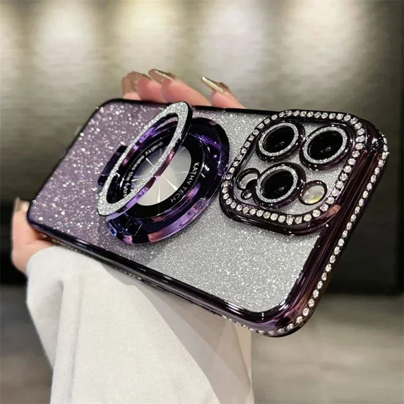 Luxury Plating For Magsafe Magnetic Stand Holder Glitter Diamond Case For iPhone 17 16 15 11 12 13 14 17 Pro Max Silicone Cover