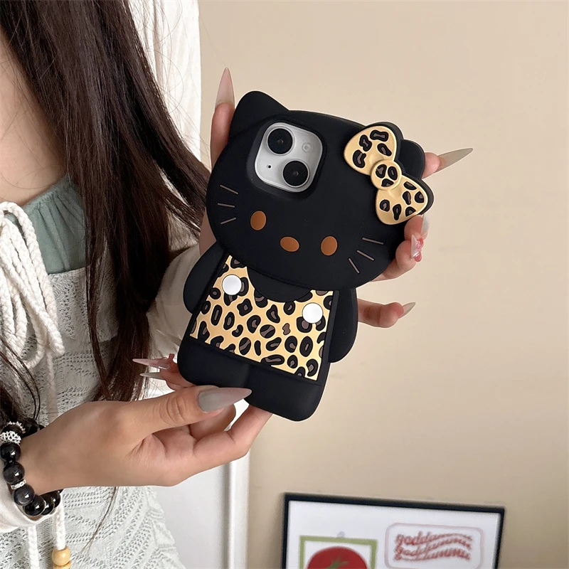 3D Cartoon Kittty Phone Case for iPhone 16 Plus 15 14 13 12 Pro Max Sexy Leopard Print Bowknot Cases Soft Silicone Cover