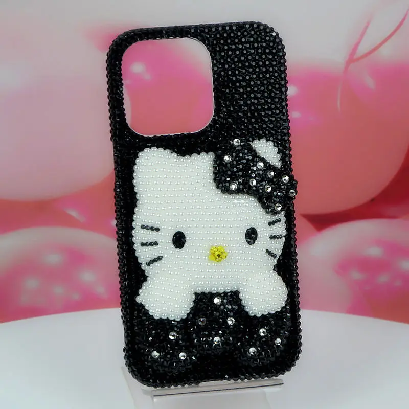 Kitty Cartoon Cat Rhinestone Bling Crystal Phone Case Chain For iPhone17 16 15 14 13 12 11Pro Max XR 7 8 Plus SE Mini Transparent