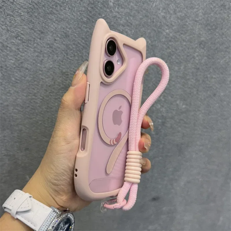 3D Cute Cat Ear Magsafe Case for iPhone 17 Pro 13 14 15 16 Plus 11 12 Pro Max Transparent PC Armor Cover with Wrist Strap Chain