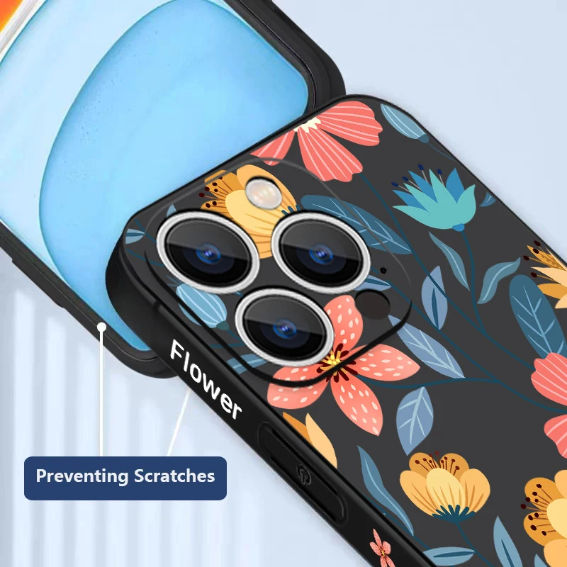 Flowers Soft Silicone Lanyard Case For iPhone 17 16e 15 16 Pro Max 12 13 14 11 Pro Max Air Shockproof Bumper Strip Phone Cover