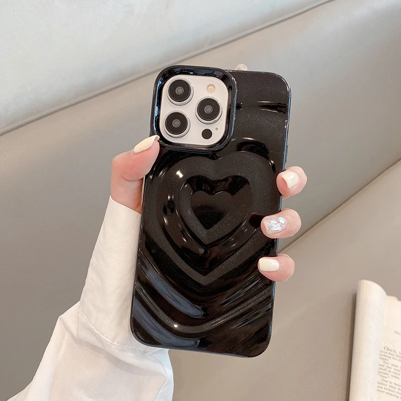 Glossy Bling Love Heart Pattern Phone Case For iPhone 17 16 16E 15 14 13 12 Pro Max 11 Fashion Shockproof Bumper Back Cover