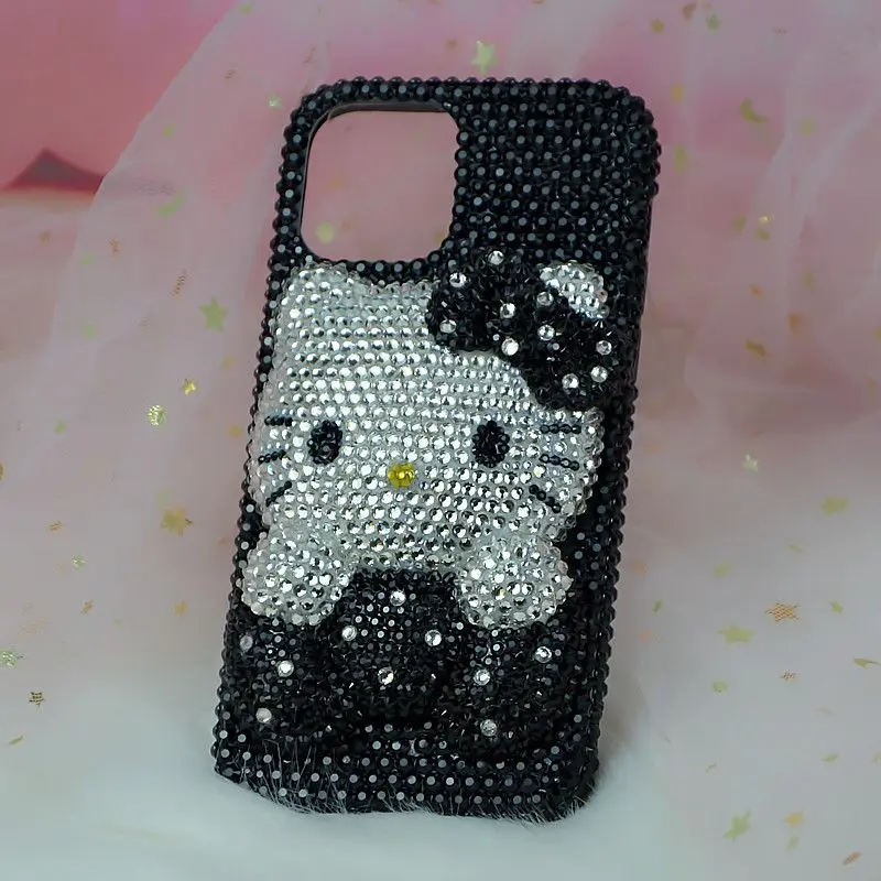 Kitty Cartoon Cat Rhinestone Bling Crystal Phone Case Chain For iPhone17 16 15 14 13 12 11Pro Max XR 7 8 Plus SE Mini Transparent