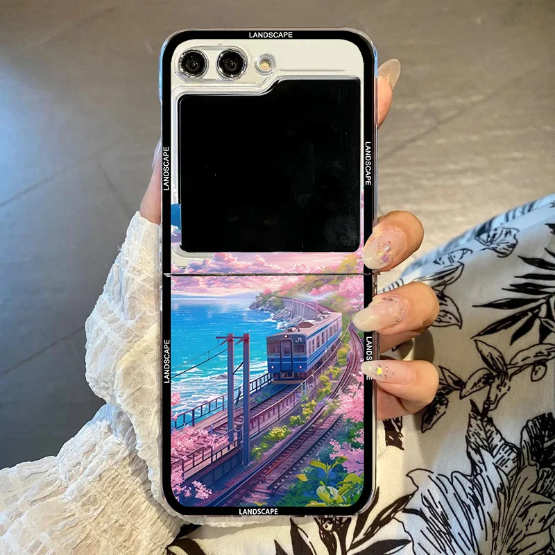 S081bcc92308d409badb6c4f763b4080be.webp Japan Anime Landscape Phone Case For Samsung Galaxy Z Flip 7 6 5 3 4 Sakura Hard PC Shockproof Full Protective Cover For Zflip4