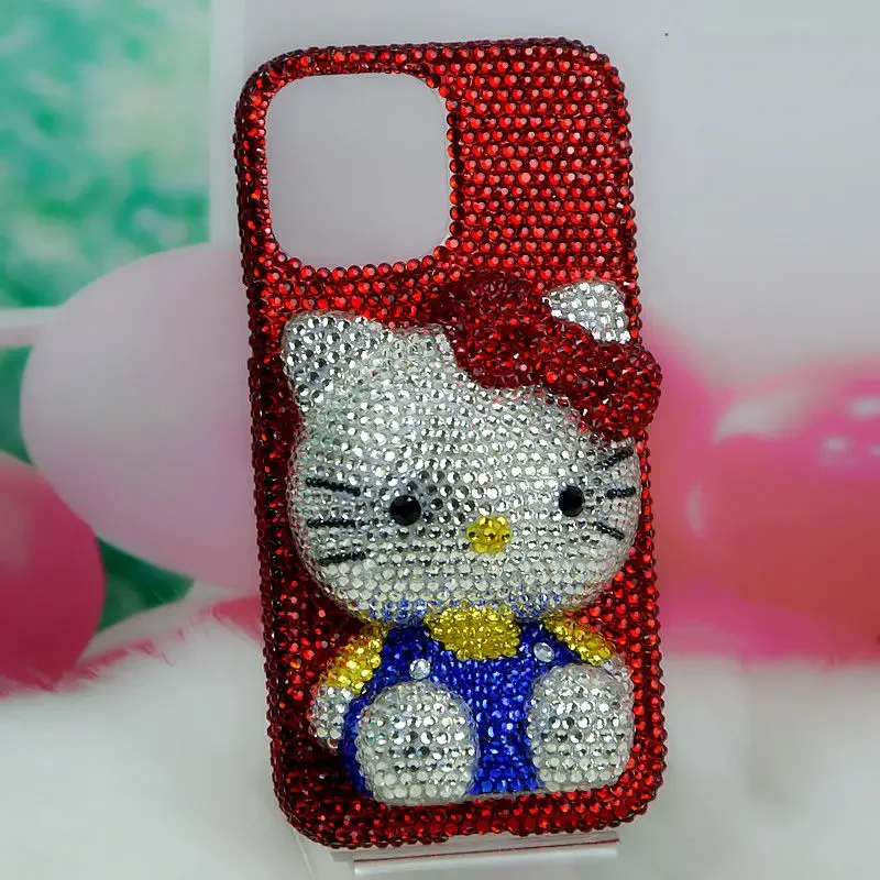 Cute Kitty Cat Rhinestone Bling Crystal Phone Case Chain For iPhone 16 12 13 14 15Pro Max X Xs XR 7 8 Plus SE 2 3 10 Transparent Bu