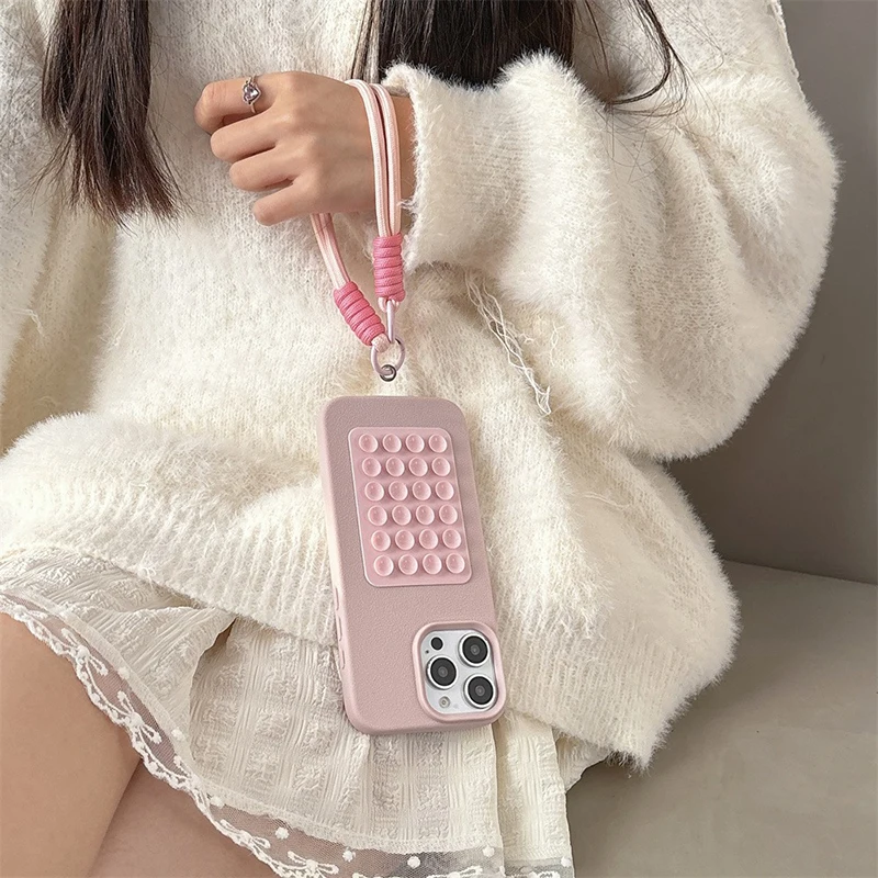 S087f7783d0a7442192b640624c2ffabaK.webp Suction Cup Stand Litchi Pattern Phone Case For iPhone 17 16 15 14 13 12 11 Pro Max X XS XR With Lanyard Rope Soft Bumper Cover