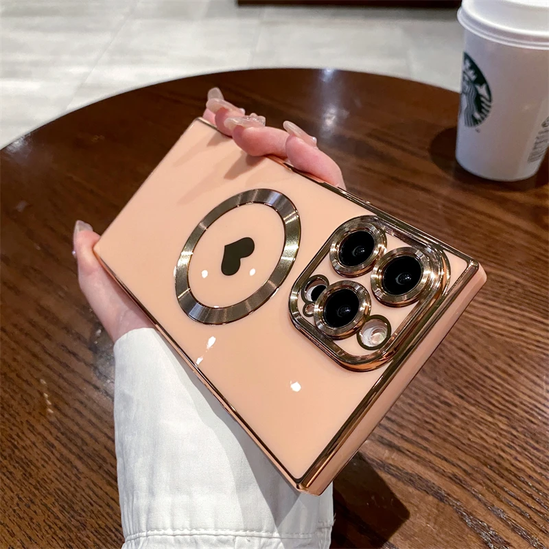 Electroplated Magsafe Love Heart Case For iPhone 17 Air 16 Pro Max 15 14 13 12 11 Plus Magnetic Wireless Charge Shockproof Cover
