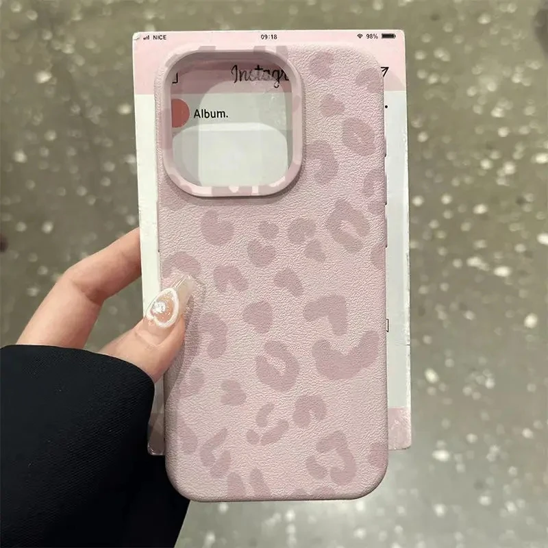 For iPhone 17 16 15 14 13 12 11 Pro Max Case Pink Leopard Print Lichee Pattern Silicone Cover For iPhone XS X XR 16 Plus Fundas