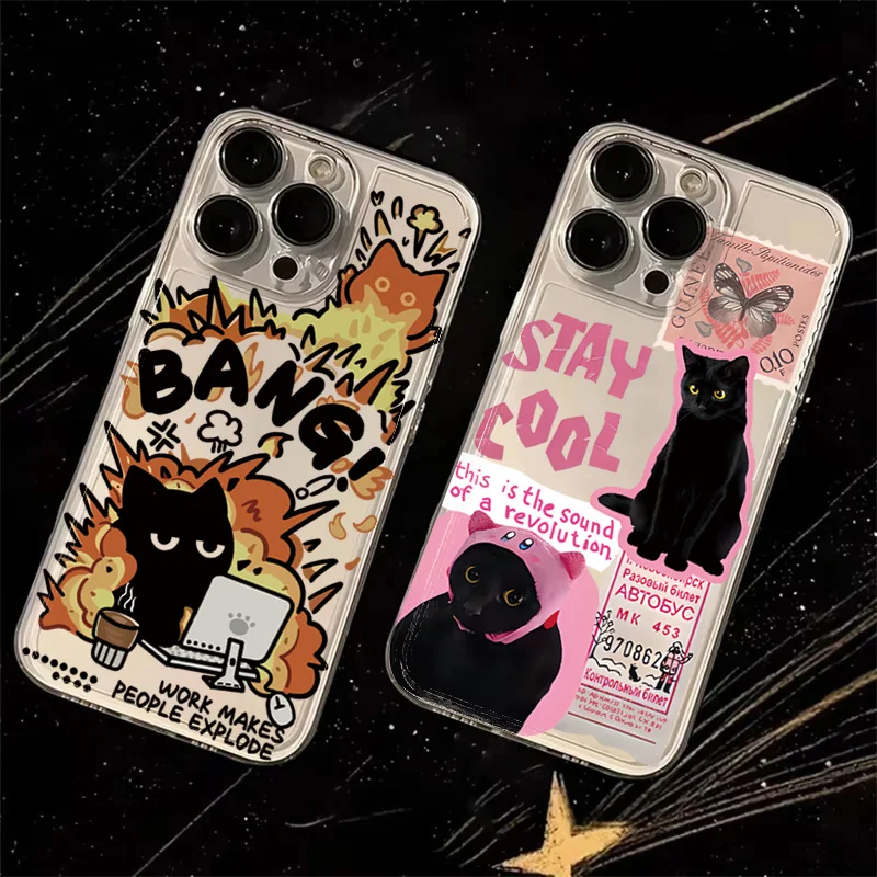 Creative Label Black Cat Transparent Phone Case For iPhone 15 16 16E 17 Air 14 13 12 11 Pro Max 7 8 Plus Soft Silicone Cover