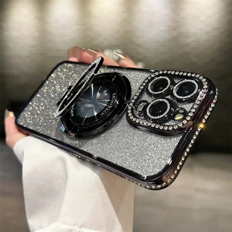 Luxury Plating For Magsafe Magnetic Stand Holder Glitter Diamond Case For iPhone 17 16 15 11 12 13 14 17 Pro Max Silicone Cover