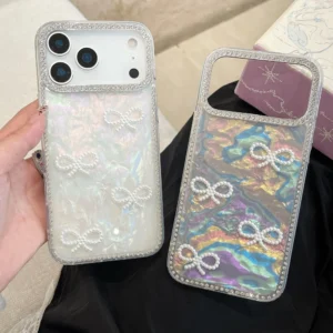 S09775081861d4b3690583812aab133bb8.webp Luxury 3D Pearl Bow Bling Diamond Inlaid Phone Case For iPhone 17 17 Air 17 Pro Max Girly Aurora Laser Acrylic Shockproof Cover