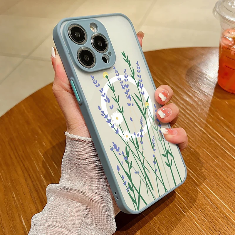 S0a2371745c354919b5b1ed35efbf5d5cc.webp Flower Pattern Case For iPhone 17 16 13 15 Pro Max 14 12 Pro 11 Air Shockproof For Magsafe Charging Iron Ring Matte Phone Cover