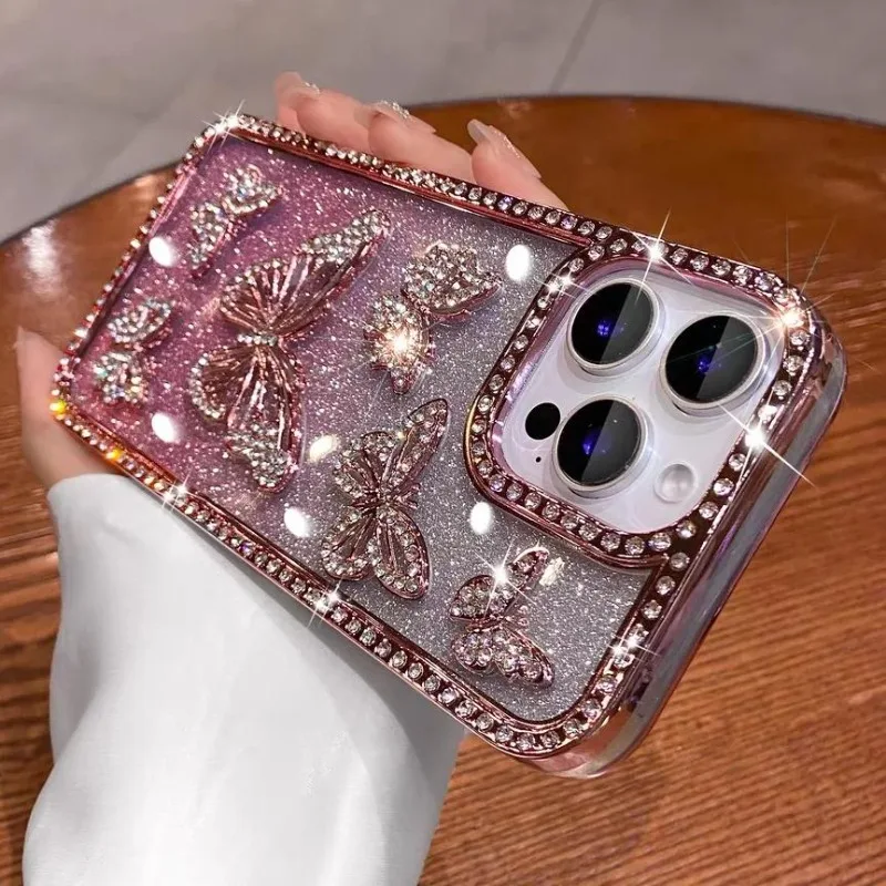 S0b6d577ff7c449188f6e4cf080a27d51Y.webp Glitter 3D Butterfly Shiny Case For iPhone 17 16 15 14 13 12 11 Pro Max Diamond Bling Sparkly Rhinestone Girls Pink Cute Cover