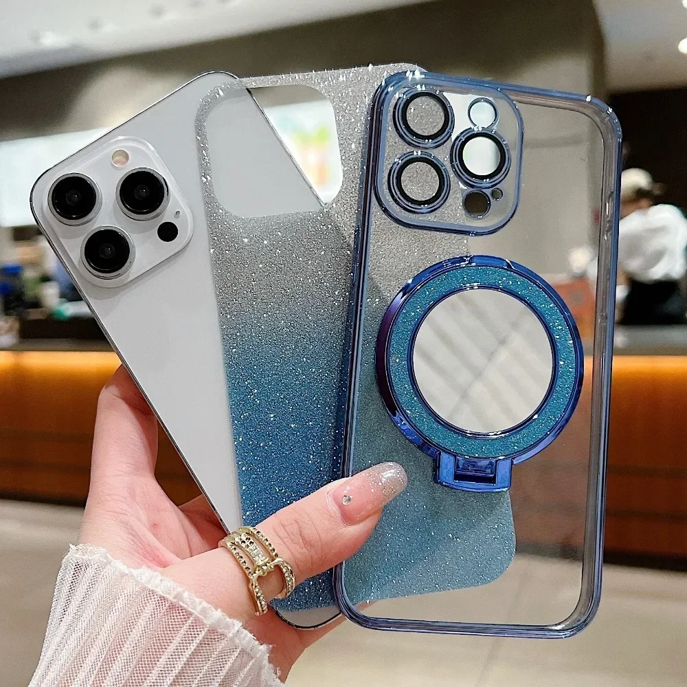 Glitter Diamond for Magsafe Bracket Case for iPhone 15 14 13 16 17 Pro Max Air 16 Plus 11 12 Xr Xs Ring Holder Gradient Cover