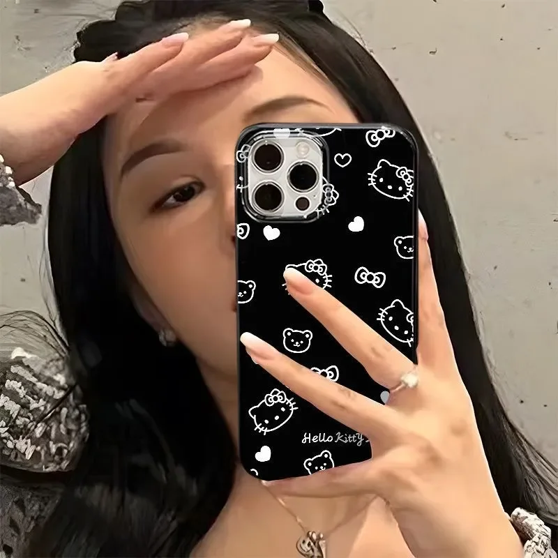 Full Screen Cute Kitty Cartoon Cat Bow Cute KT Bear Phone Case For iPhone 16 15 14 13 12 11 Pro Max XR XS MAX 7 8 Plus MINI Y2K Black Cover
