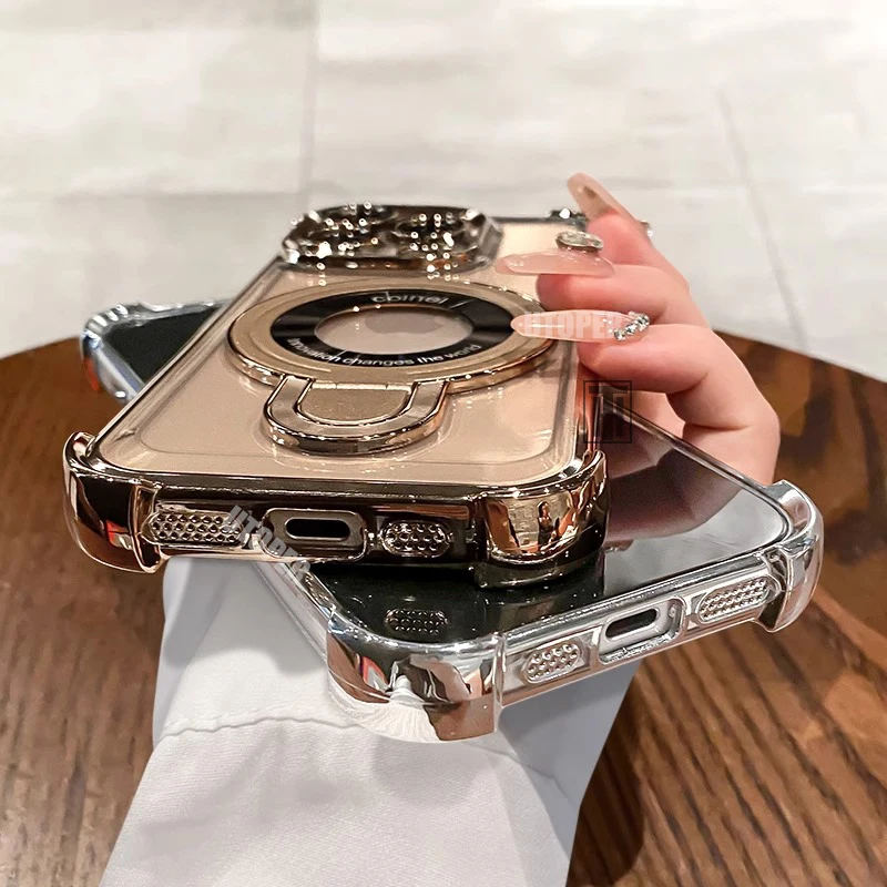 Luxury Shockproof Plating Soft TPU Bracket Case for iPhone 17 Air 16 15 14 13 11 12 Pro Max Plus Magsafe Magnetic Protect Cover