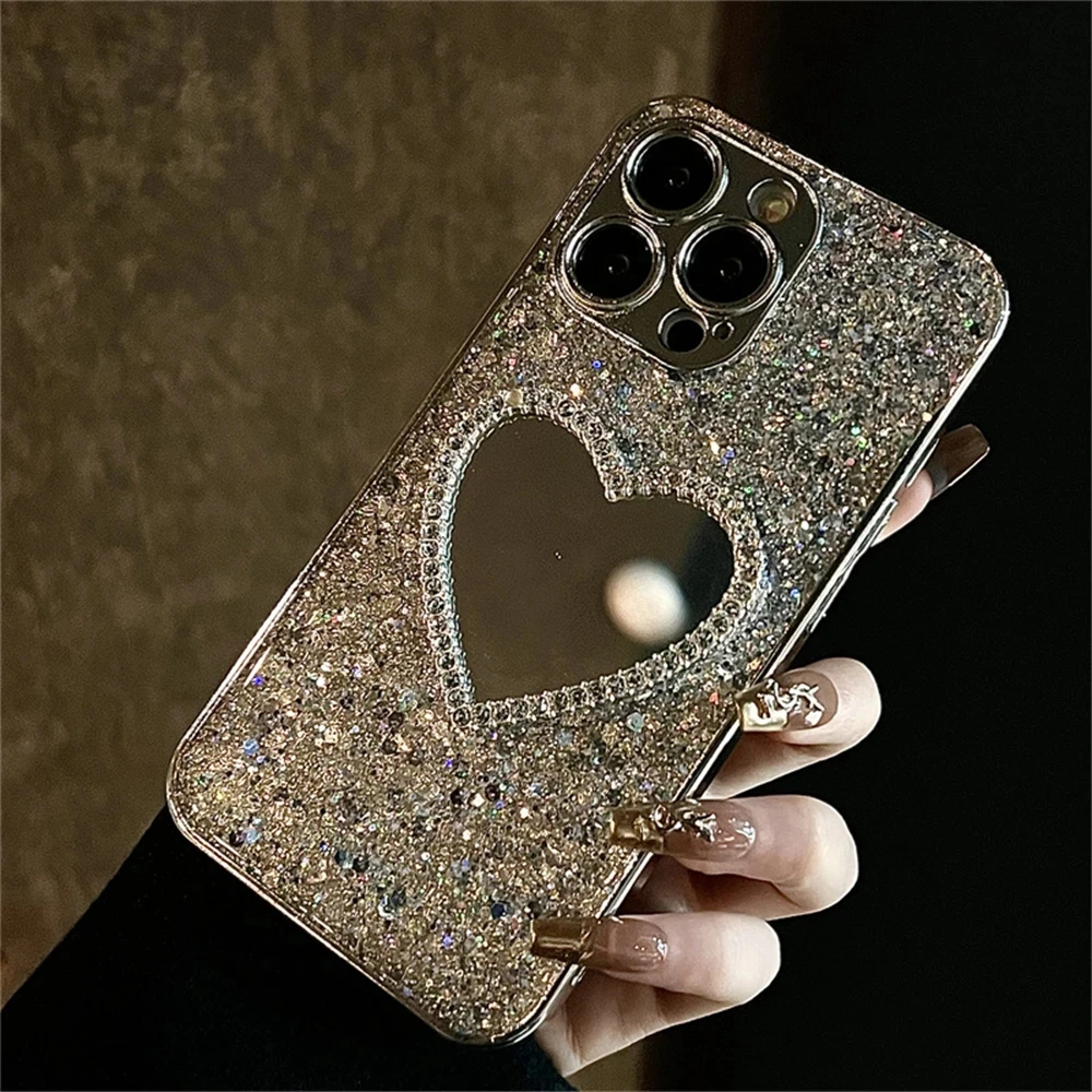 Luxury Bling Glitter Plating 3D Love Heart Mirror Sequins Case For iPhone 17 Air 16 14 15 13 12 11 Pro Max Lens Protection Cover