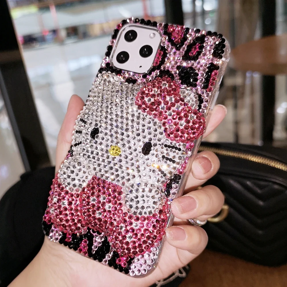 Kitty Cartoon Cat Rhinestone Bling Crystal Phone Case Chain For iPhone17 16 15 14 13 12 11Pro Max XR 7 8 Plus SE Mini Transparent