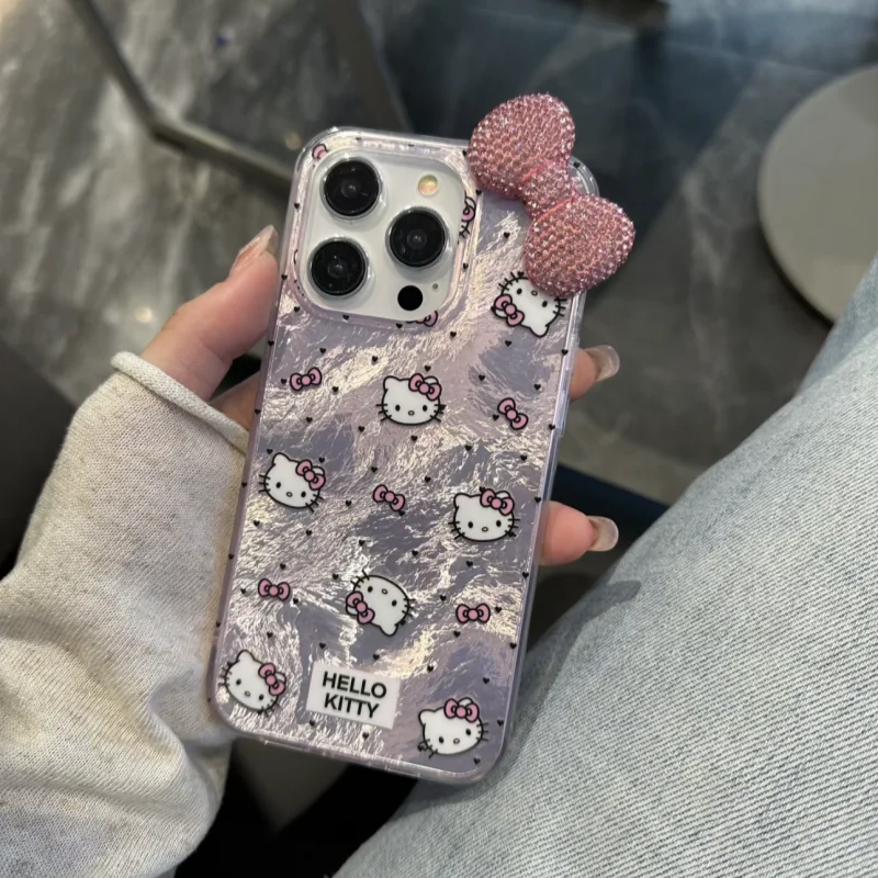 Cut Kitty Cartoon Diamond Bowknot Lustre Lining Hard Phone Case for iPhone 16 15 Pro Max 14 Plus 13 Mini 12 11 X XS XR 7 8 SE