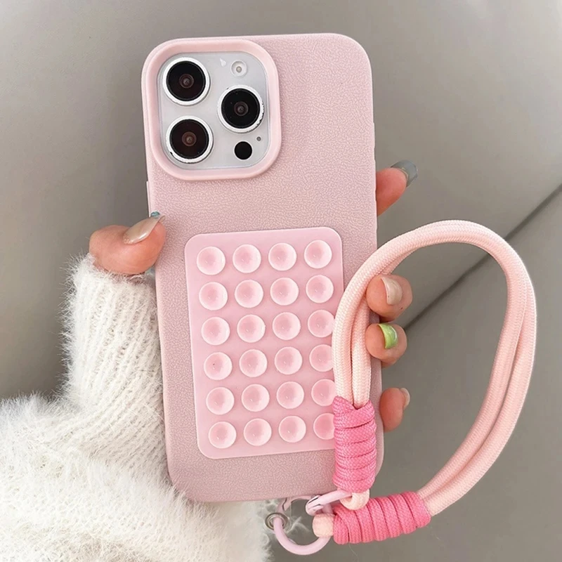 S0faa10def5dc44ad920240027bba1fa0U.webp Suction Cup Stand Litchi Pattern Phone Case For iPhone 17 16 15 14 13 12 11 Pro Max X XS XR With Lanyard Rope Soft Bumper Cover