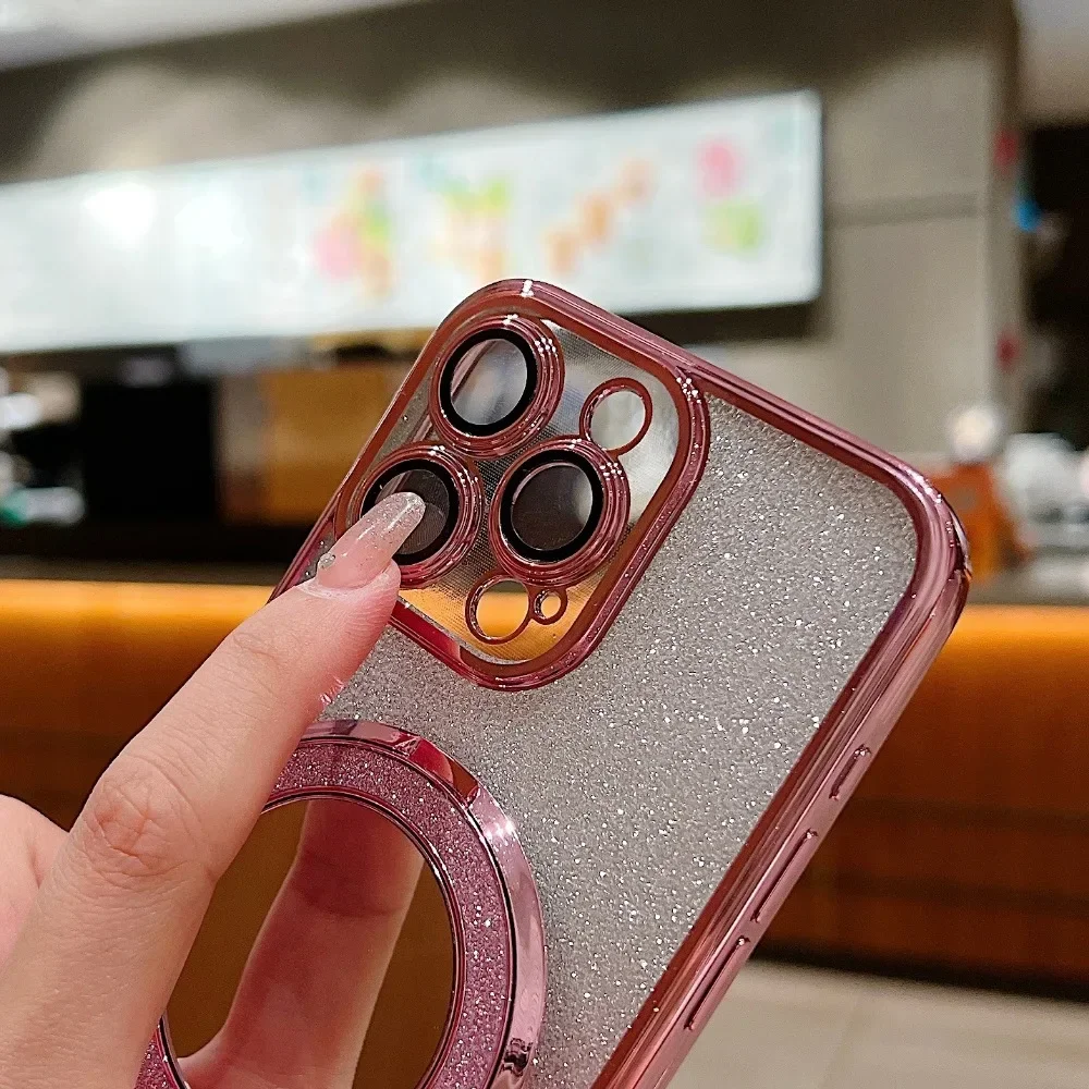 Glitter Diamond for Magsafe Bracket Case for iPhone 15 14 13 16 17 Pro Max Air 16 Plus 11 12 Xr Xs Ring Holder Gradient Cover