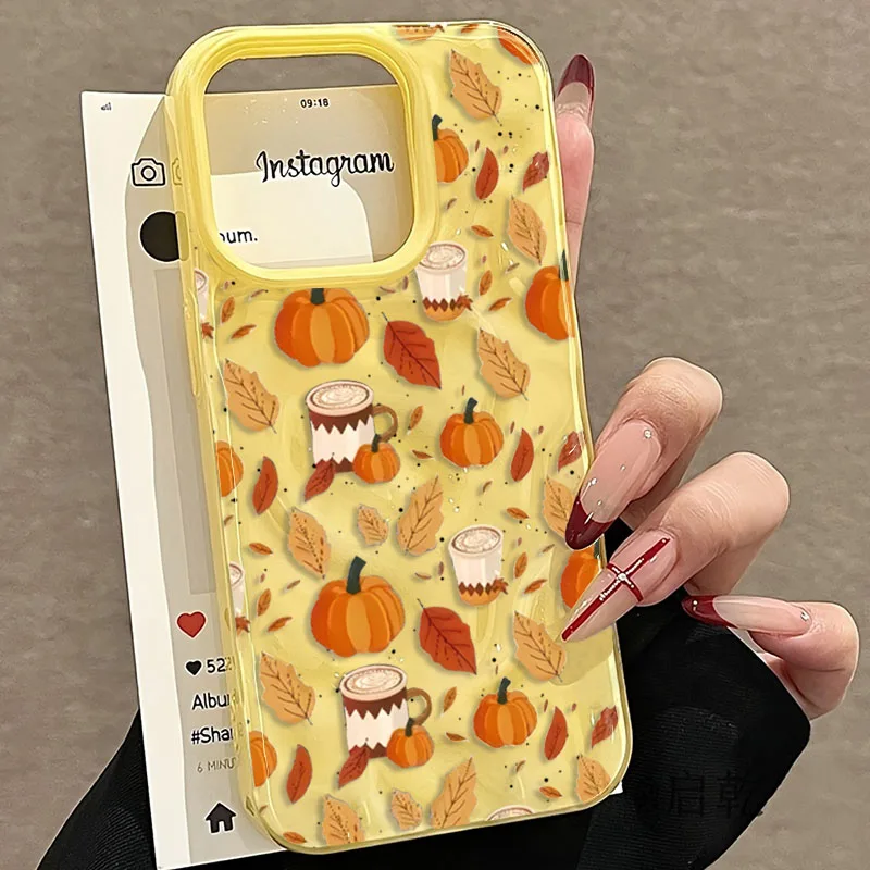 S101e84d706924b919daaab415cf507b9y.webp Halloween Pumpkin Print TPU Phone Case For iPhone 16 15 14 13 12 11 17 Air Pro Max 16 Plus 16Pro Leaves Cup Folds Texture Cover