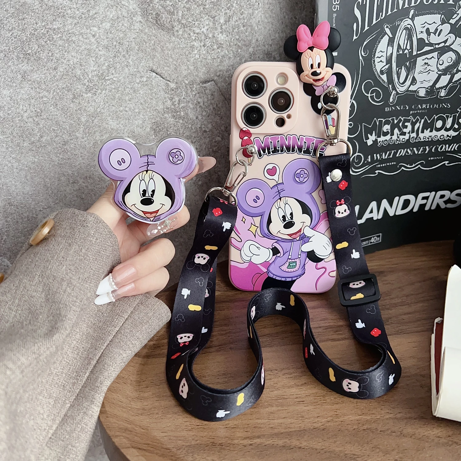 Cartoon Playful Mini Case With Holder Rope For iPhone 16 15 14 13 12 11 XR Xs 8 7 6 Pro Max Plus