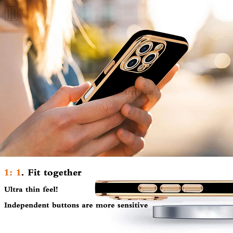 Golden Border Plating Solid Color Silicone Soft Case for iPhone 16 15 14 11 12 13 Pro Max 16 Plus Gloss Fashion Protect Cover