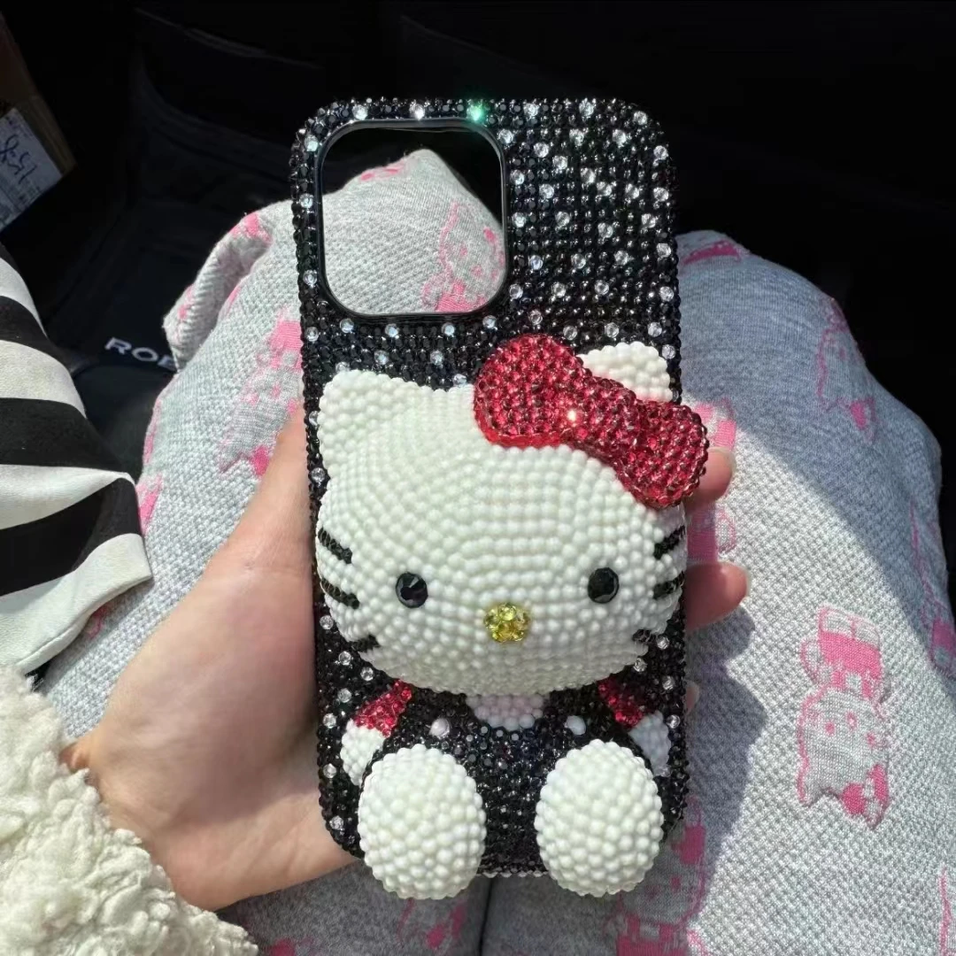 Cute Kitty Cat Rhinestone Bling Crystal Phone Case Chain For iPhone 16 12 13 14 15Pro Max X Xs XR 7 8 Plus SE 2 3 10 Transparent Bu