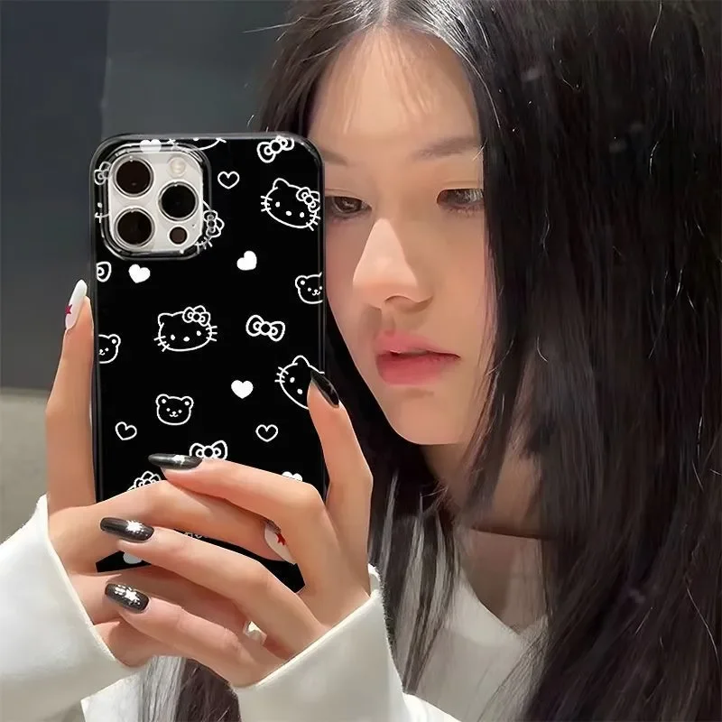 Full Screen Cute Kitty Cartoon Cat Bow Cute KT Bear Phone Case For iPhone 16 15 14 13 12 11 Pro Max XR XS MAX 7 8 Plus MINI Y2K Black Cover
