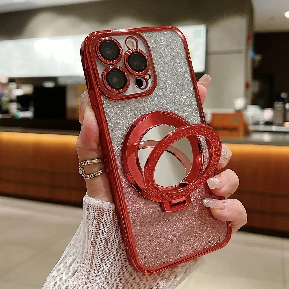 Glitter Diamond for Magsafe Bracket Case for iPhone 15 14 13 16 17 Pro Max Air 16 Plus 11 12 Xr Xs Ring Holder Gradient Cover