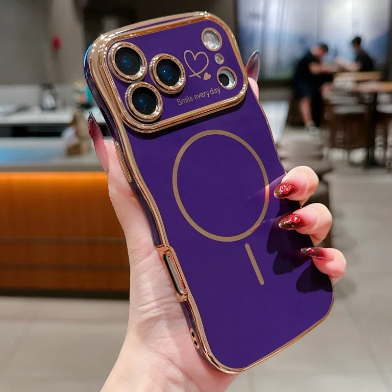 For Magsafe Plating Love Heart Wavy Lines Phone Cases for IPhone 17 16 14 13 12 11 Pro Max 16 15 Plus 17 Air Case Magnetic Cover